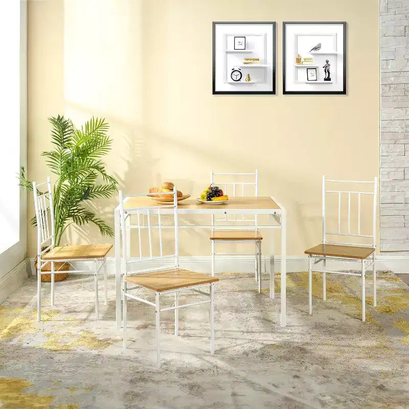 FurnitureR Set da Pranzo 5 Pezzi con 4 Sedie, Set da Cucina Salvaspazio, Struttura in Metallo e Piano in Legno, Facile da Pulire per Casa Ristorante Aula