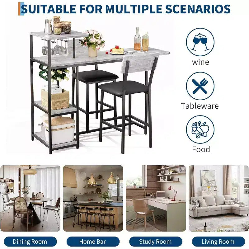 Acekool Set Tavolo da Pranzo Estensibile per 2 con Scaffali e Portabottiglie, Tavolo da Bar e Sedie Salvaspazio, 3 Pezzi