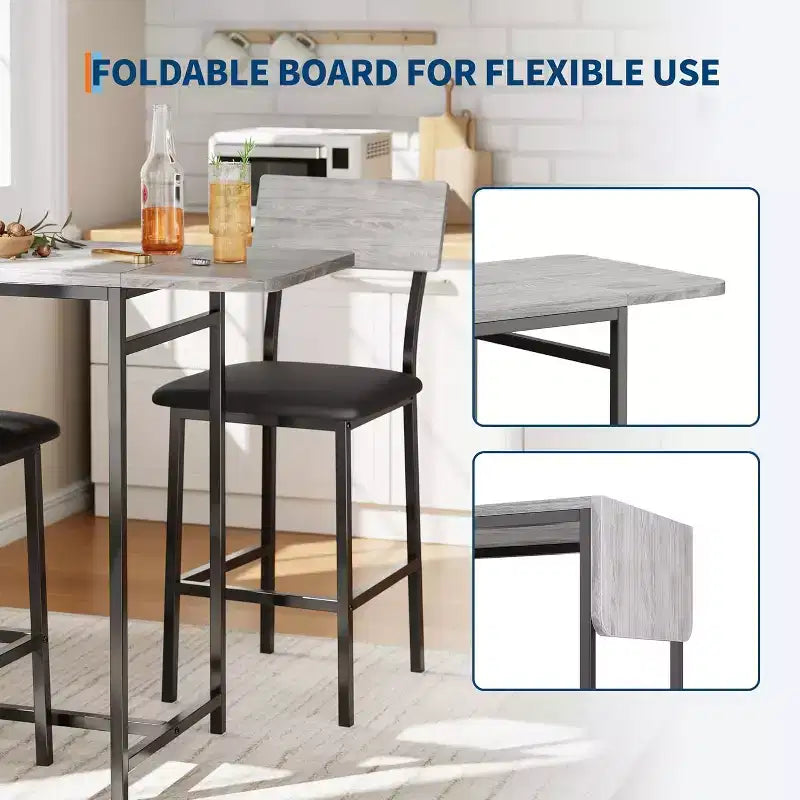 Acekool Set Tavolo da Pranzo Estensibile per 2 con Scaffali e Portabottiglie, Tavolo da Bar e Sedie Salvaspazio, 3 Pezzi