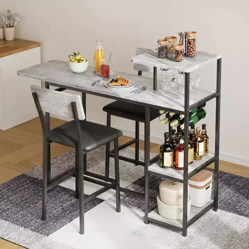 Acekool Set Tavolo da Pranzo Estensibile per 2 con Scaffali e Portabottiglie, Tavolo da Bar e Sedie Salvaspazio, 3 Pezzi