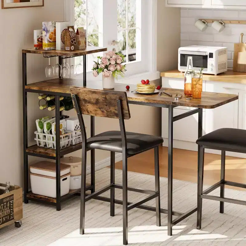Acekool Set Tavolo da Pranzo Estensibile per 2 con Scaffali e Portabottiglie, Tavolo da Bar e Sedie Salvaspazio, 3 Pezzi