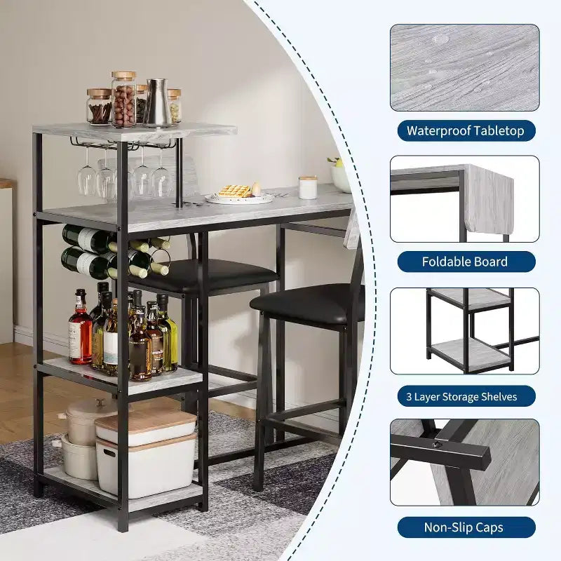 Acekool Set Tavolo da Pranzo Estensibile per 2 con Scaffali e Portabottiglie, Tavolo da Bar e Sedie Salvaspazio, 3 Pezzi