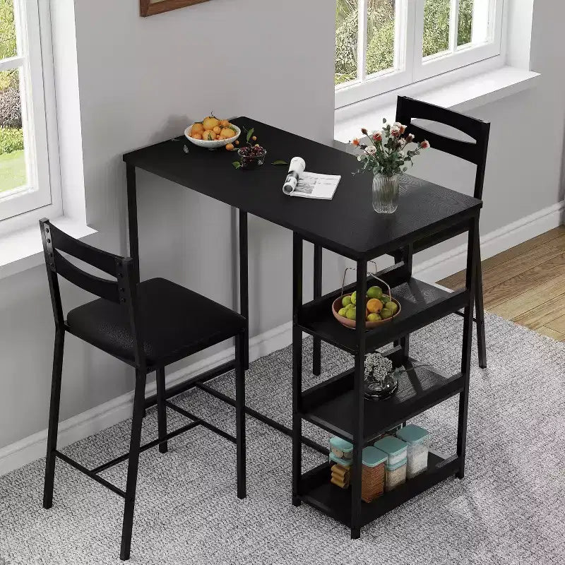 Acekool 3-Piece Kitchen Table Set with Storage Shelves and 2 Upholstered Chairs, Space-Saving Dining Table for Small Spaces