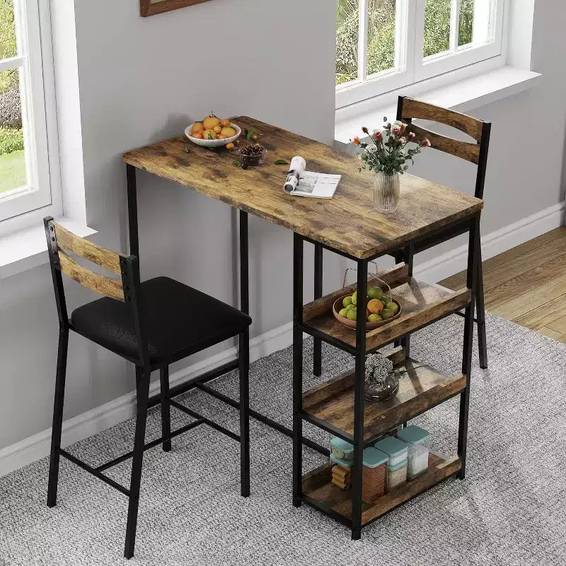 Set da cucina Acekool da 3 pezzi con ripiani contenitore e 2 sedie imbottite, tavolo da pranzo salvaspazio per ambienti piccoli