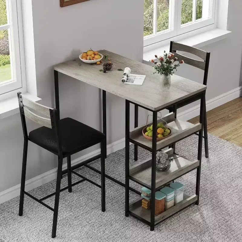 Set da cucina Acekool da 3 pezzi con ripiani contenitore e 2 sedie imbottite, tavolo da pranzo salvaspazio per ambienti piccoli