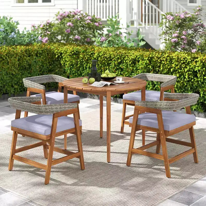 Set da pranzo da 5 pezzi per patio con cuscini e schienale in rattan PE per giardino e cortile