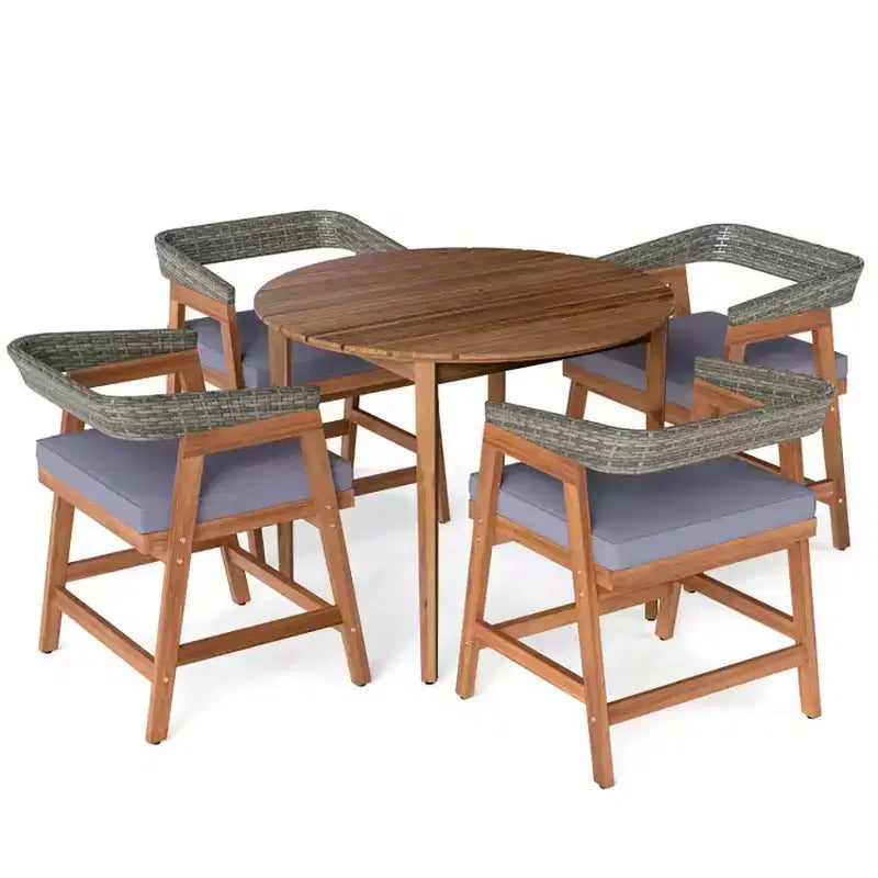 Set da pranzo da 5 pezzi per patio con cuscini e schienale in rattan PE per giardino e cortile