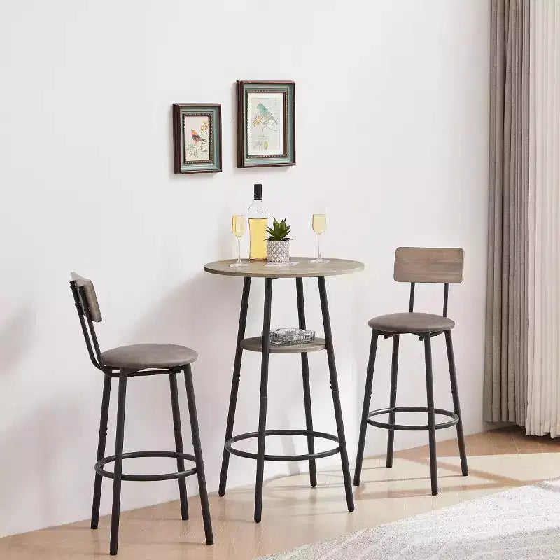 Set da pranzo industriale rotondo a 3 pezzi ad altezza bancone con 2 sgabelli imbottiti in PU, salvaspazio per cucina o bar di casa-Panipeachy