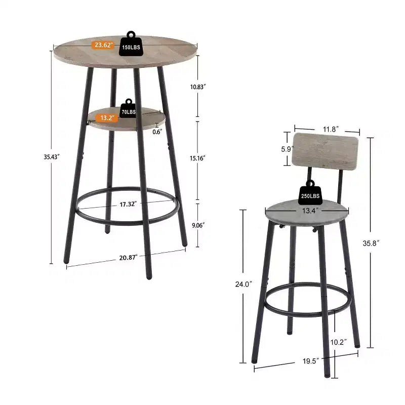 Set da pranzo industriale rotondo a 3 pezzi ad altezza bancone con 2 sgabelli imbottiti in PU, salvaspazio per cucina o bar di casa-Panipeachy
