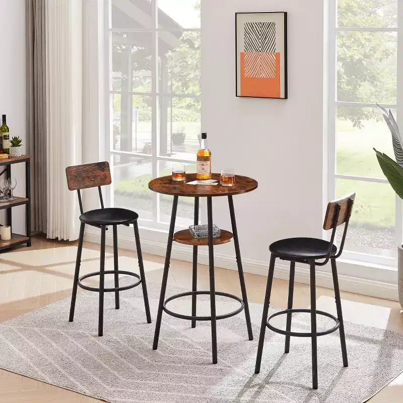 Set da pranzo industriale rotondo a 3 pezzi ad altezza bancone con 2 sgabelli imbottiti in PU, salvaspazio per cucina o bar di casa-Panipeachy