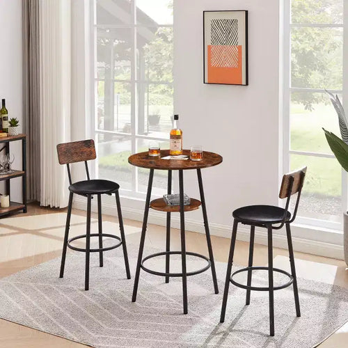 3-teiliges industrielles rundes Esszimmer-Set in Thekenhöhe mit 2 weichen PU-Barhockern in Thekenhöhe, platzsparend für Küche oder Hausbar - Panipeachy