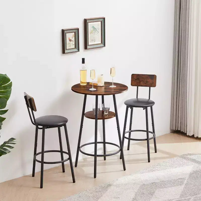 Set da pranzo industriale rotondo a 3 pezzi ad altezza bancone con 2 sgabelli imbottiti in PU, salvaspazio per cucina o bar di casa-Panipeachy