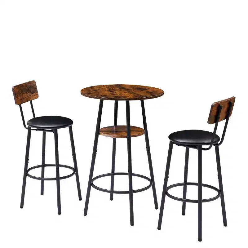 Set da pranzo industriale rotondo a 3 pezzi ad altezza bancone con 2 sgabelli imbottiti in PU, salvaspazio per cucina o bar di casa-Panipeachy