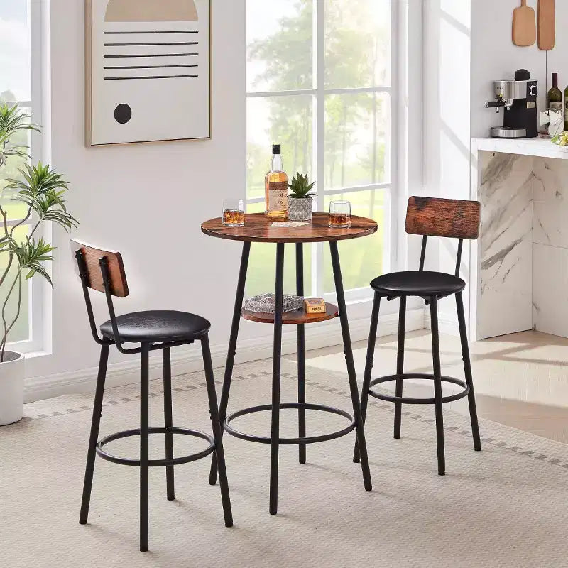 3-Piece Industrial Round Counter Height Dining Table Set with 2 PU Soft Counter Height Stools, Space-Saving Kitchen or Home Bar-Panipeachy