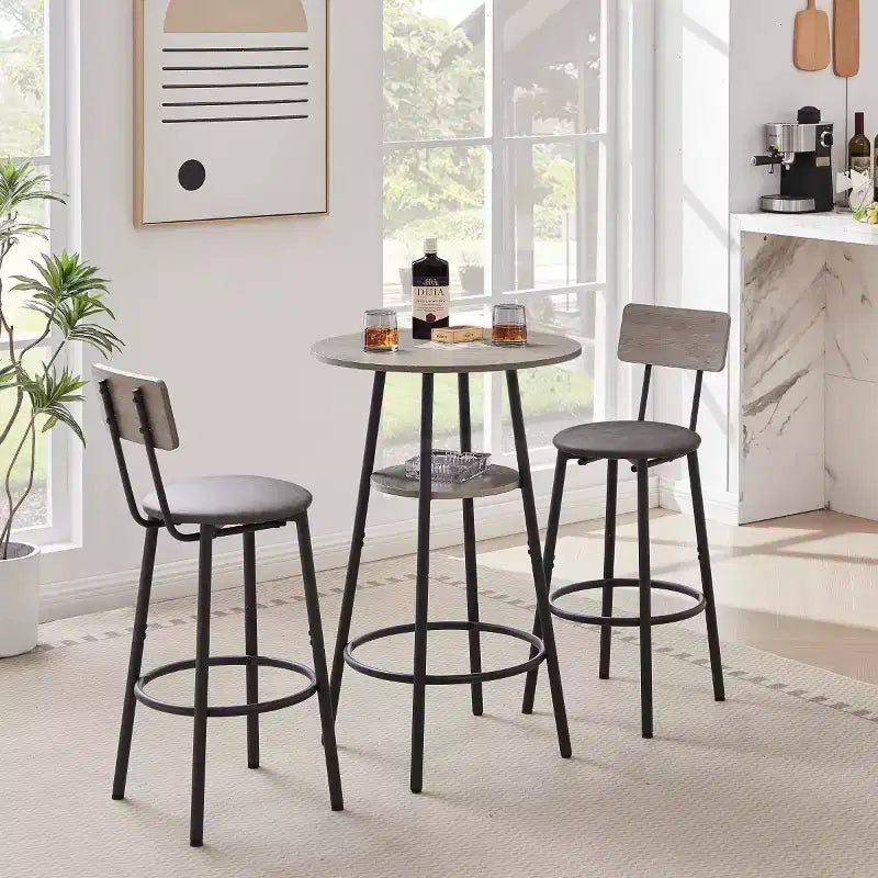 3-teiliges industrielles rundes Esszimmer-Set in Thekenhöhe mit 2 weichen PU-Barhockern in Thekenhöhe, platzsparend für Küche oder Hausbar - Panipeachy