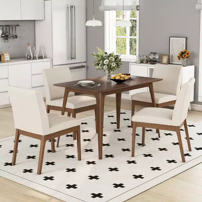 5-Piece Modern Dining Set for 4, Solid Wood Frame Kitchen Table Set with 4 Upholstered Dining Chairs for Dining Room or Kitchen-Panipeachy