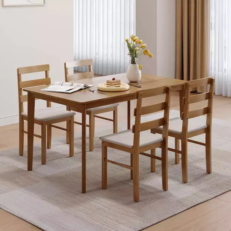 MAYEERTY Set Tavolo da Pranzo e Sedie a 5 Pezzi in Legno Massello, Tavolo Rettangolare Colore Legno Originale con 4 Sedie con Schienale