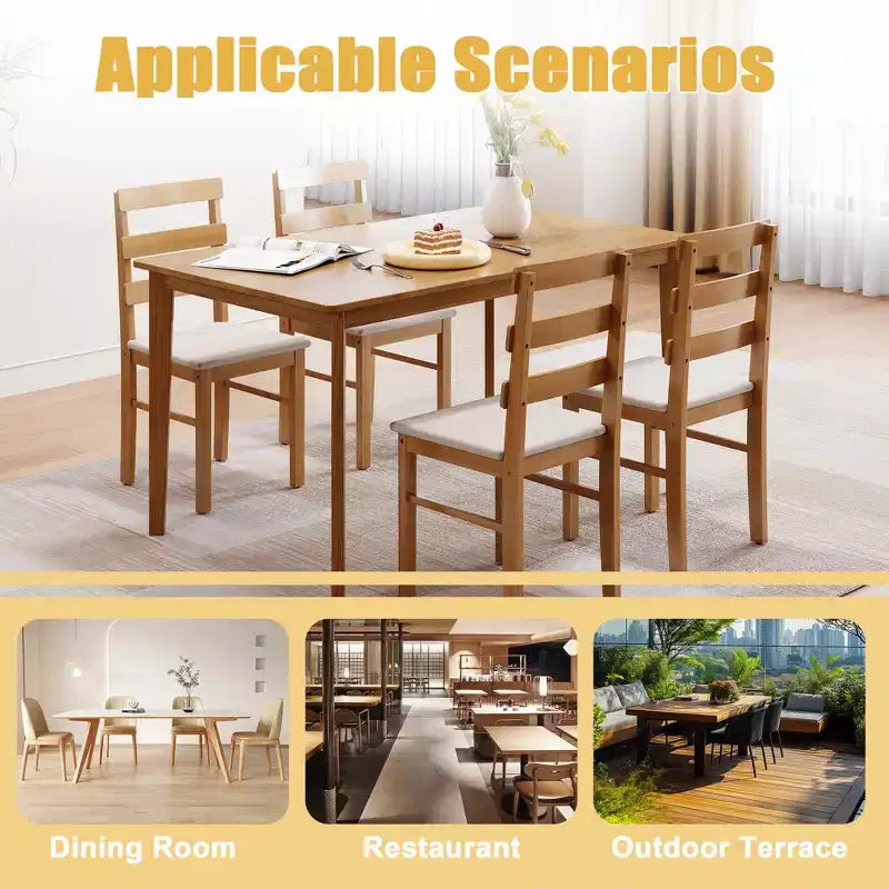 MAYEERTY Set Tavolo da Pranzo e Sedie a 5 Pezzi in Legno Massello, Tavolo Rettangolare Colore Legno Originale con 4 Sedie con Schienale