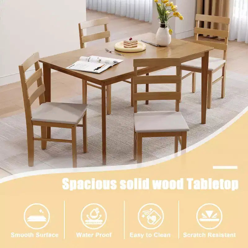 MAYEERTY Set Tavolo da Pranzo e Sedie a 5 Pezzi in Legno Massello, Tavolo Rettangolare Colore Legno Originale con 4 Sedie con Schienale