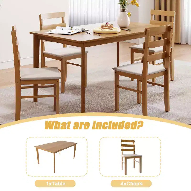 MAYEERTY Set Tavolo da Pranzo e Sedie a 5 Pezzi in Legno Massello, Tavolo Rettangolare Colore Legno Originale con 4 Sedie con Schienale