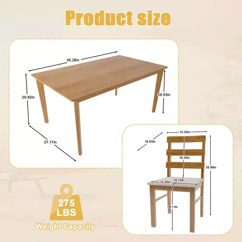 MAYEERTY Set Tavolo da Pranzo e Sedie a 5 Pezzi in Legno Massello, Tavolo Rettangolare Colore Legno Originale con 4 Sedie con Schienale