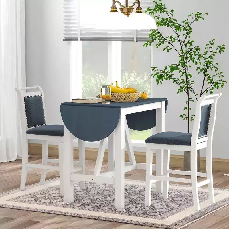 MAYEERTY 3-Piece Wood Counter Height Drop Leaf Dining Table Set, 2 Upholstered Chairs Small Space Table Set, White + Gray