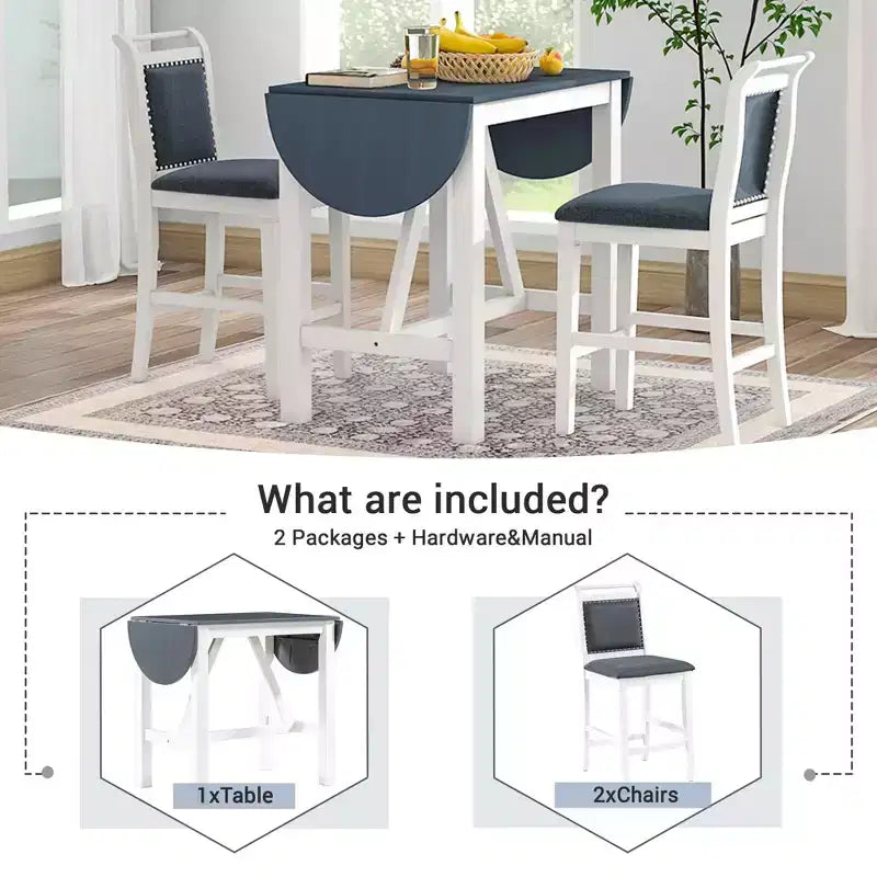 MAYEERTY Set Tavolo da Pranzo a Goccia a 3 Pezzi in Legno con Altezza Contatore, 2 Sedie Imbottite Set Tavolo per Spazi Piccoli, Bianco + Grigio