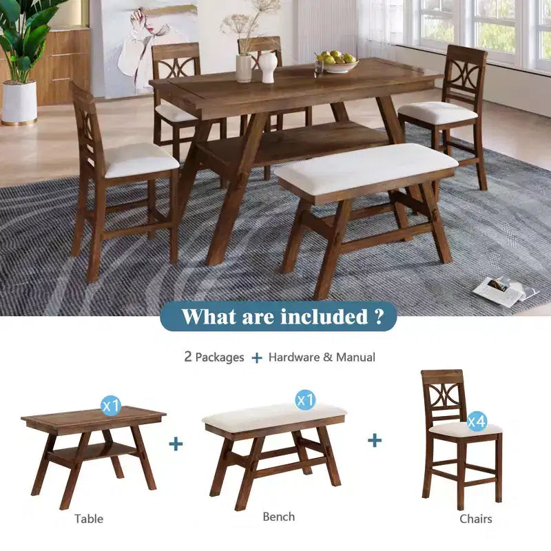 MAYEERTY Set da Tavolo da Pranzo a 6 Pezzi in Legno Altezza Bancone, Stile Rustico con Ripiano Portaoggetti, Panca e 4 Sedie, Noce + Beige