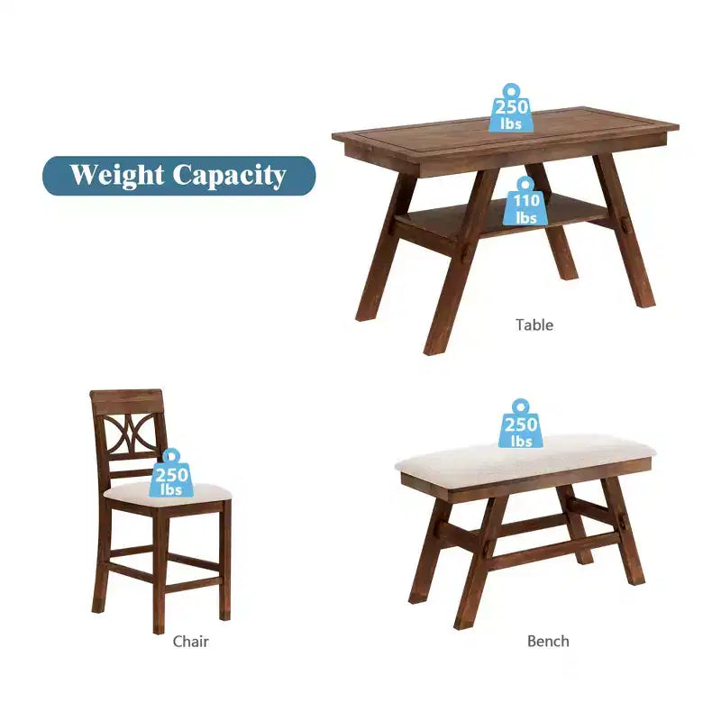 MAYEERTY Set da Tavolo da Pranzo a 6 Pezzi in Legno Altezza Bancone, Stile Rustico con Ripiano Portaoggetti, Panca e 4 Sedie, Noce + Beige