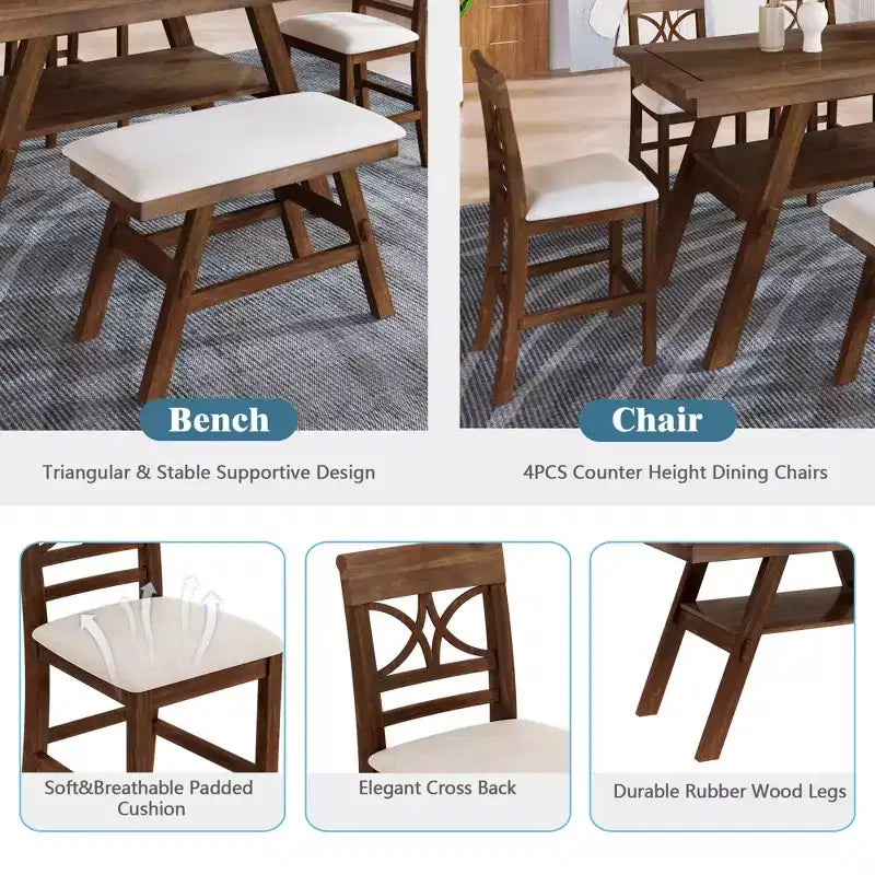 MAYEERTY Set da Tavolo da Pranzo a 6 Pezzi in Legno Altezza Bancone, Stile Rustico con Ripiano Portaoggetti, Panca e 4 Sedie, Noce + Beige