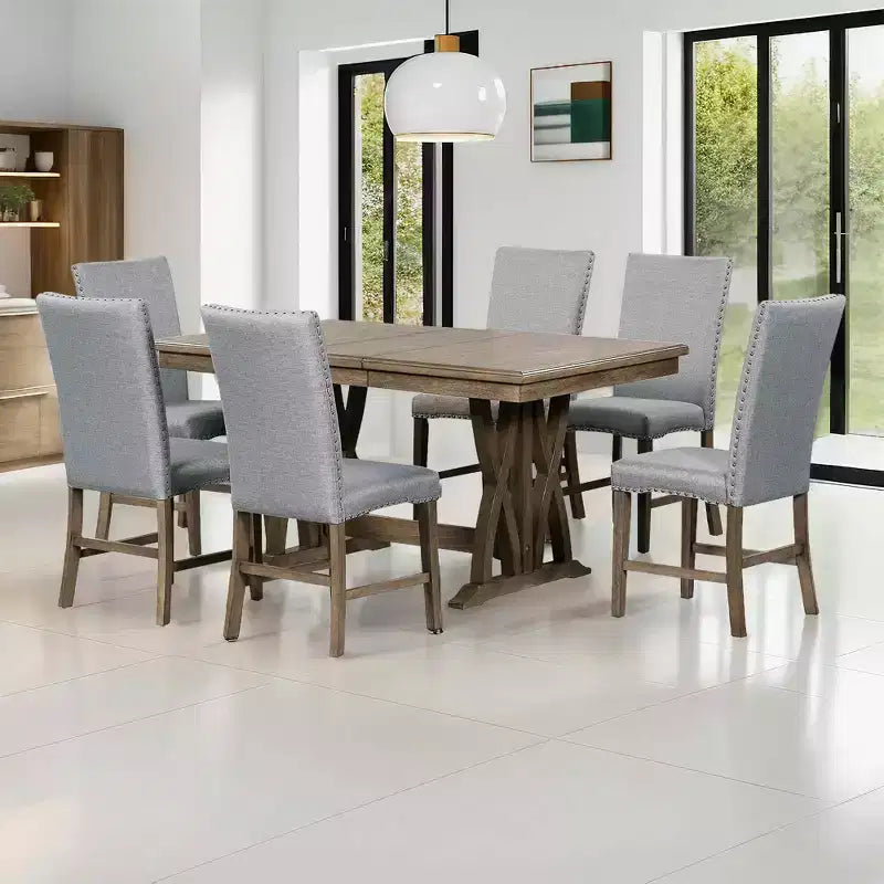 MAYEERTY Set da Pranzo Allungabile in Legno Massello di Metà Secolo da 7 Pezzi, 12 Fogli, Sedie Imbottite per 6 Persone, Marrone Dorato + Grigio
