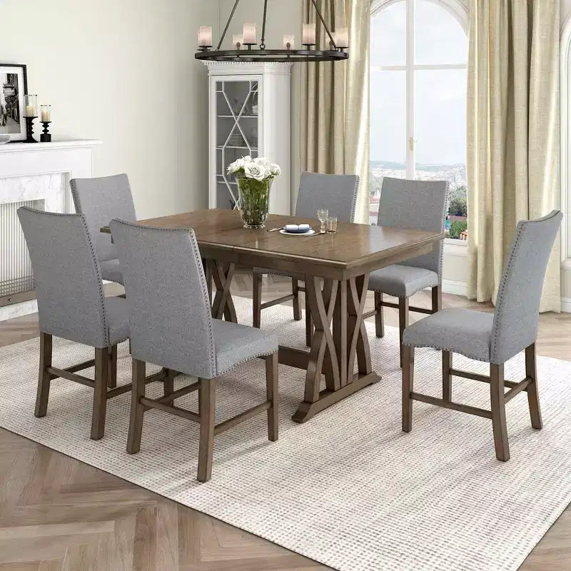 MAYEERTY Set da Pranzo Allungabile in Legno Massello di Metà Secolo da 7 Pezzi, 12 Fogli, Sedie Imbottite per 6 Persone, Marrone Dorato + Grigio