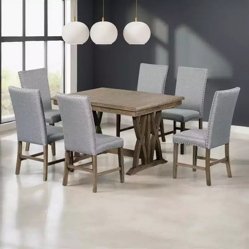 MAYEERTY Set da Pranzo Allungabile in Legno Massello di Metà Secolo da 7 Pezzi, 12 Fogli, Sedie Imbottite per 6 Persone, Marrone Dorato + Grigio