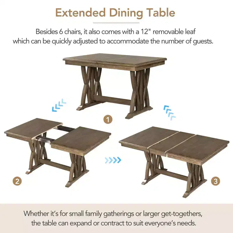 MAYEERTY Set da Pranzo Allungabile in Legno Massello di Metà Secolo da 7 Pezzi, 12 Fogli, Sedie Imbottite per 6 Persone, Marrone Dorato + Grigio