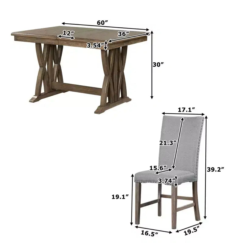 MAYEERTY Set da Pranzo Allungabile in Legno Massello di Metà Secolo da 7 Pezzi, 12 Fogli, Sedie Imbottite per 6 Persone, Marrone Dorato + Grigio