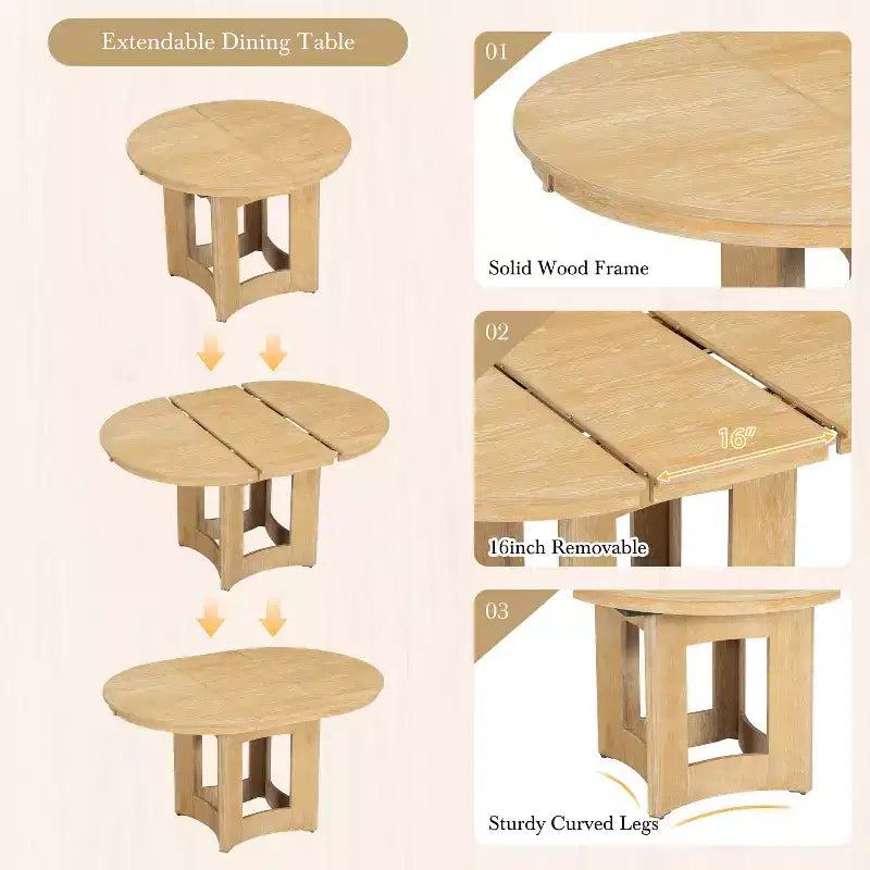 Set da Pranzo MAYEERTY 5 Pezzi, Tavolo Rotondo Allungabile Stile Rustico, 16 Prolunghe Rimovibili, 4 Sedie Imbottite per 4 Persone, Espresso + Beige