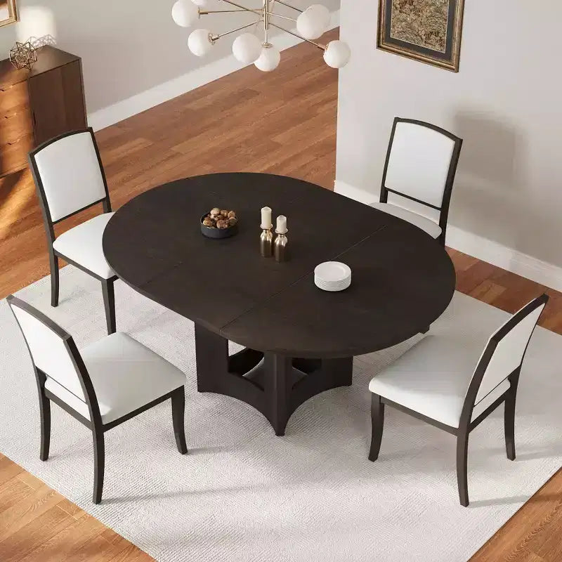 Set da Pranzo MAYEERTY 5 Pezzi, Tavolo Rotondo Allungabile Stile Rustico, 16 Prolunghe Rimovibili, 4 Sedie Imbottite per 4 Persone, Espresso + Beige