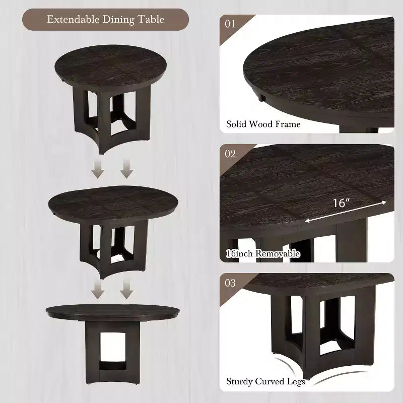 Set da Pranzo MAYEERTY 5 Pezzi, Tavolo Rotondo Allungabile Stile Rustico, 16 Prolunghe Rimovibili, 4 Sedie Imbottite per 4 Persone, Espresso + Beige