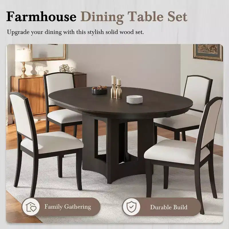 Set da Pranzo MAYEERTY 5 Pezzi, Tavolo Rotondo Allungabile Stile Rustico, 16 Prolunghe Rimovibili, 4 Sedie Imbottite per 4 Persone, Espresso + Beige