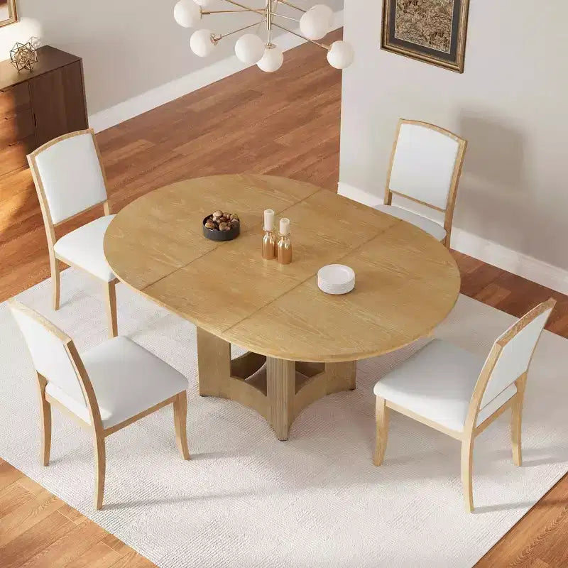 Set da Pranzo MAYEERTY 5 Pezzi, Tavolo Rotondo Allungabile Stile Rustico, 16 Prolunghe Rimovibili, 4 Sedie Imbottite per 4 Persone, Espresso + Beige