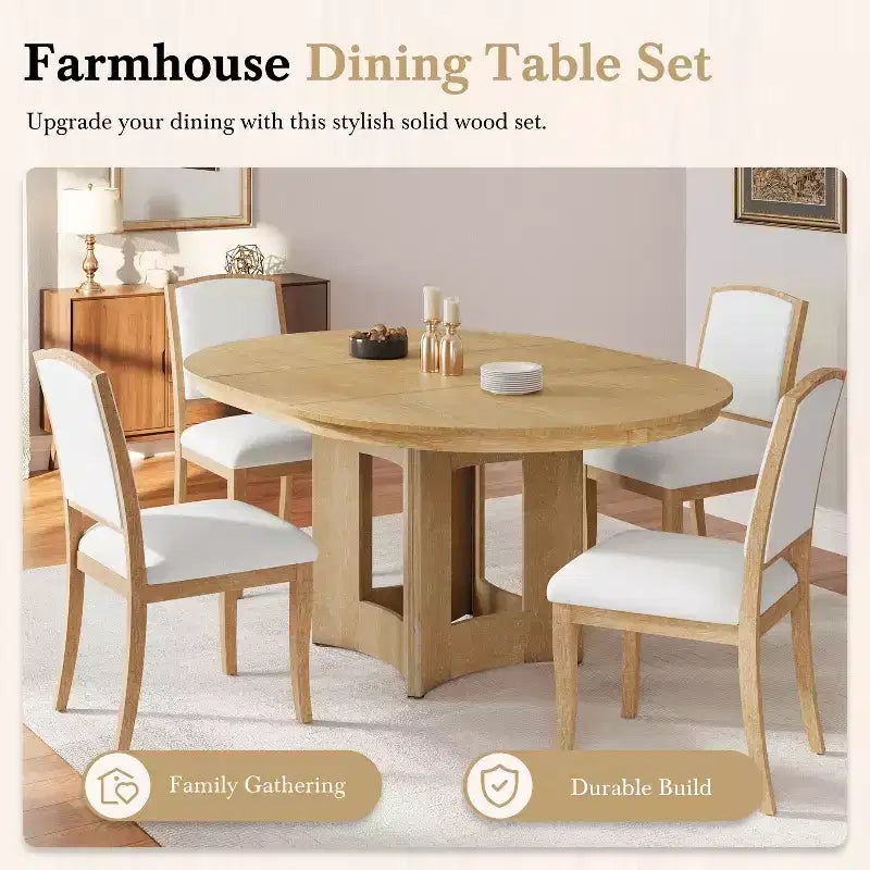 Set da Pranzo MAYEERTY 5 Pezzi, Tavolo Rotondo Allungabile Stile Rustico, 16 Prolunghe Rimovibili, 4 Sedie Imbottite per 4 Persone, Espresso + Beige