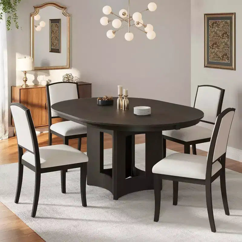 MAYEERTY 5-Piece Farmhouse Extendable Round Dining Table Set, 16 Removable Leaf, 4 Upholstered Chairs for 4 Person, Espresso + Beige
