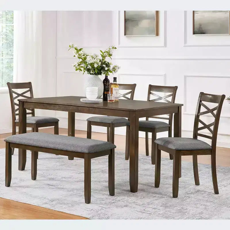 MAYEERTY Set da Pranzo 6 Pezzi per 6 Persone, Tavolo Rettangolare in Legno + 4 Sedie Imbottite e Panca, Grigio