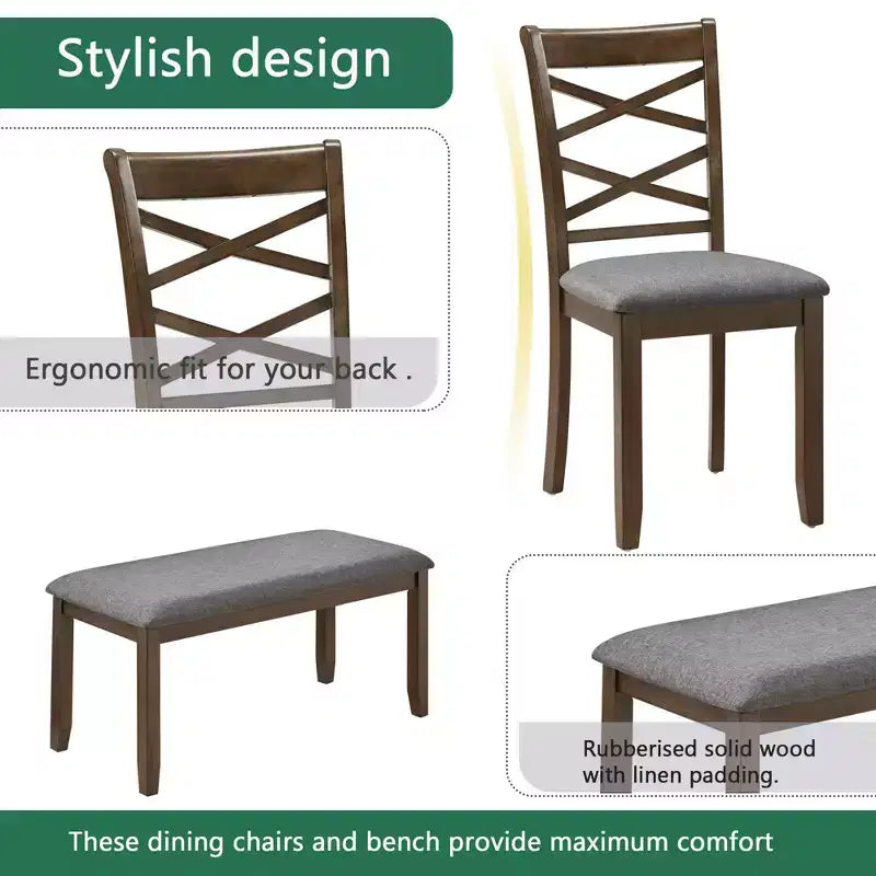 MAYEERTY Set da Pranzo 6 Pezzi per 6 Persone, Tavolo Rettangolare in Legno + 4 Sedie Imbottite e Panca, Grigio