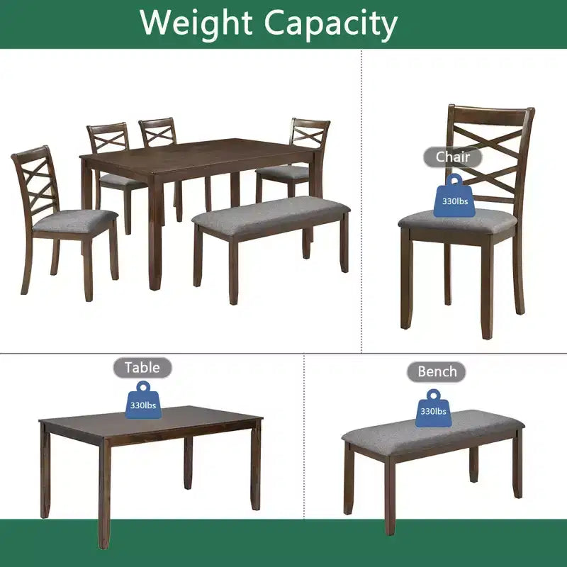 MAYEERTY Set da Pranzo 6 Pezzi per 6 Persone, Tavolo Rettangolare in Legno + 4 Sedie Imbottite e Panca, Grigio