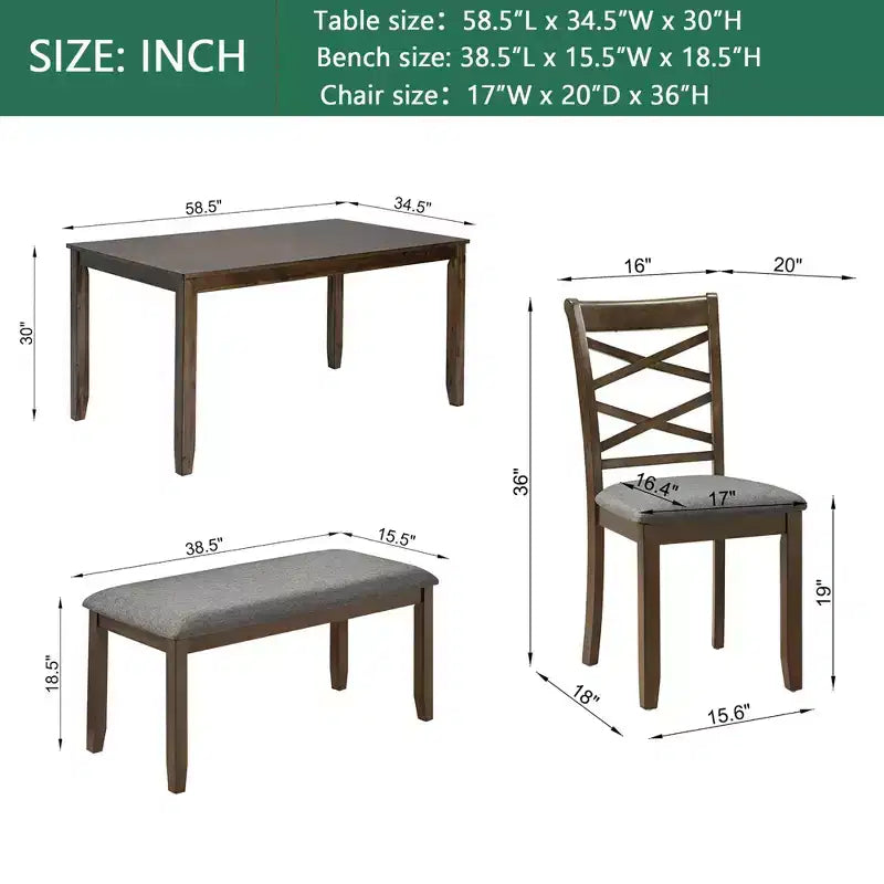 MAYEERTY Set da Pranzo 6 Pezzi per 6 Persone, Tavolo Rettangolare in Legno + 4 Sedie Imbottite e Panca, Grigio