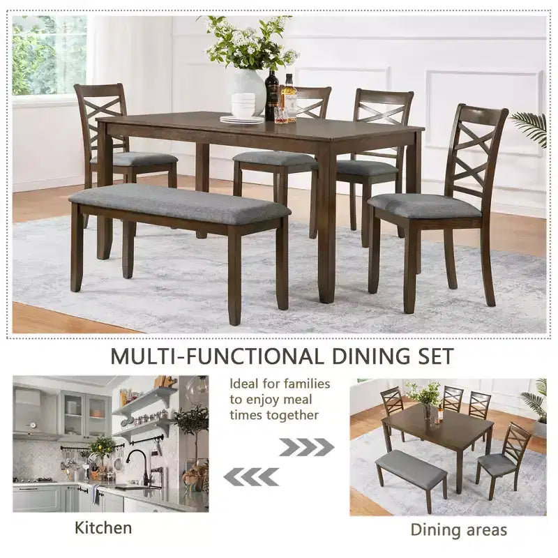 MAYEERTY Set da Pranzo 6 Pezzi per 6 Persone, Tavolo Rettangolare in Legno + 4 Sedie Imbottite e Panca, Grigio
