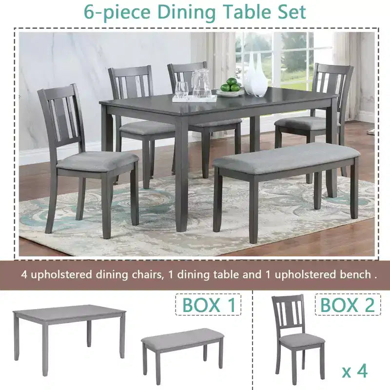 MAYEERTY Set da Pranzo 6 Pezzi per 6 Persone, Tavolo Rettangolare in Legno + 4 Sedie Imbottite e Panca, Grigio