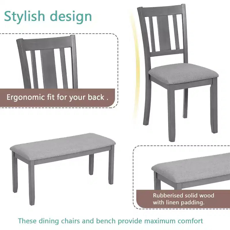 MAYEERTY Set da Pranzo 6 Pezzi per 6 Persone, Tavolo Rettangolare in Legno + 4 Sedie Imbottite e Panca, Grigio