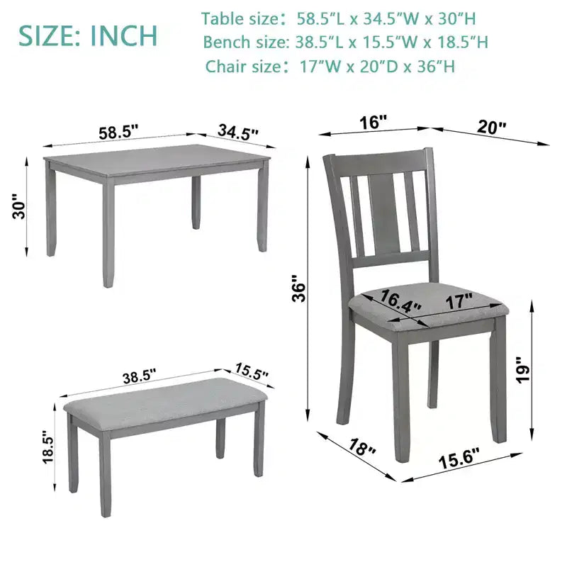 MAYEERTY Set da Pranzo 6 Pezzi per 6 Persone, Tavolo Rettangolare in Legno + 4 Sedie Imbottite e Panca, Grigio